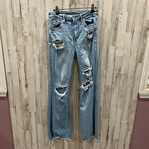 American Eagle Super Hi Rise Flare Peekaboo Lace Pocket Distressed Jeans Size 6